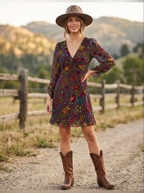 Muse Vintage Y2K Burnout Velvet Floral Dress Burgundy Silk Blend‎ Mini Ruffle